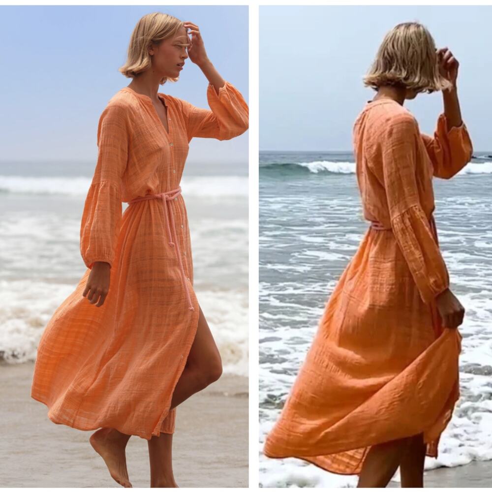 CALI DREAMING Elizabeth Cotton Maxi Dress Apricot Orange Sz S NWT $228 {3V53}